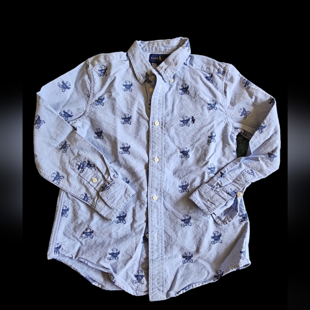 Ralph Lauren Polo bears print blue shirt, kids size 7, 100% cotton